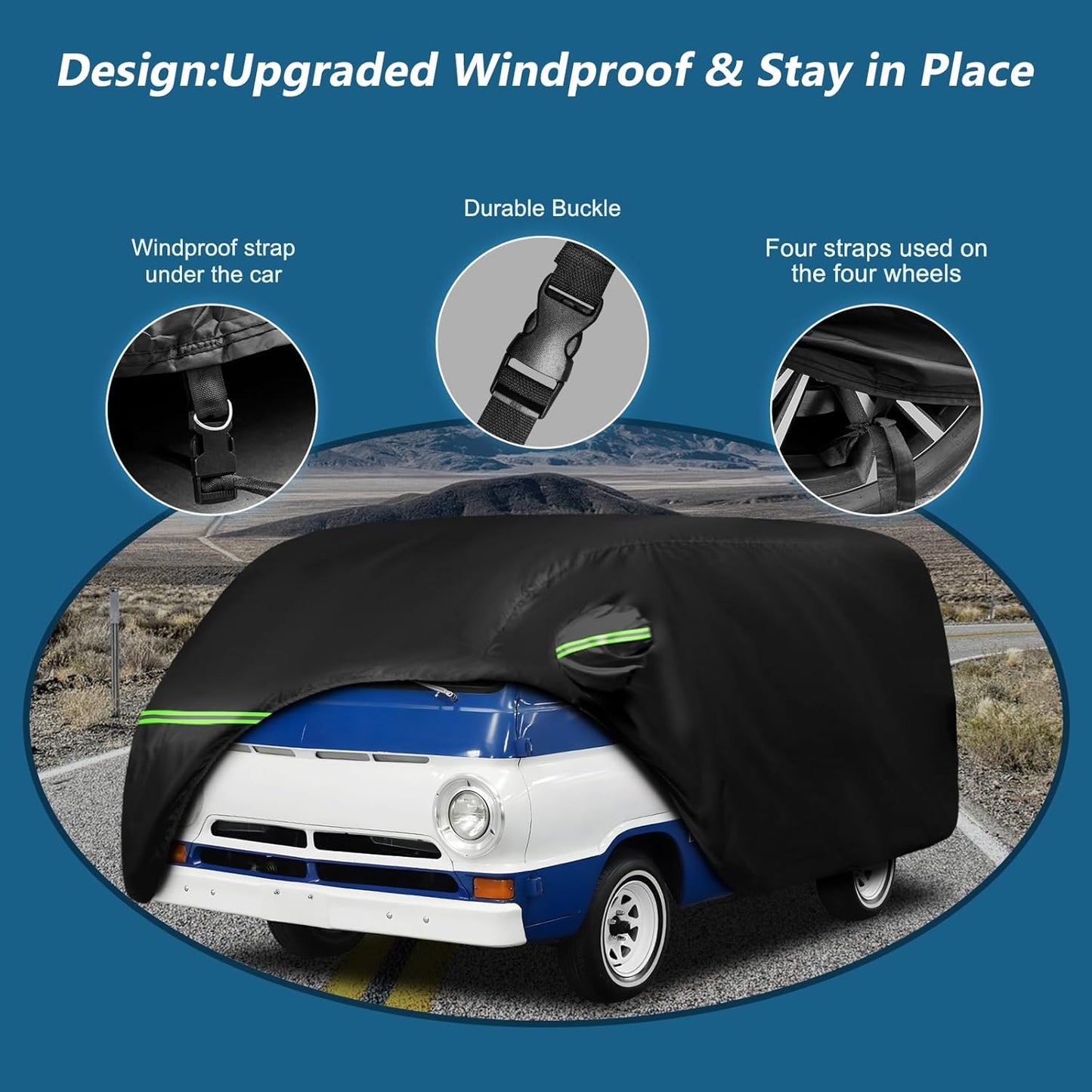 Car Cover for 1964-1970 Dodge A100 for VW Bus T1 T2 T3 1950-1992, 420D Oxford Cloth Sun Heat Protection Outdoor Covers with Driver Side Zipper Windproof Heavy Duty All Weather