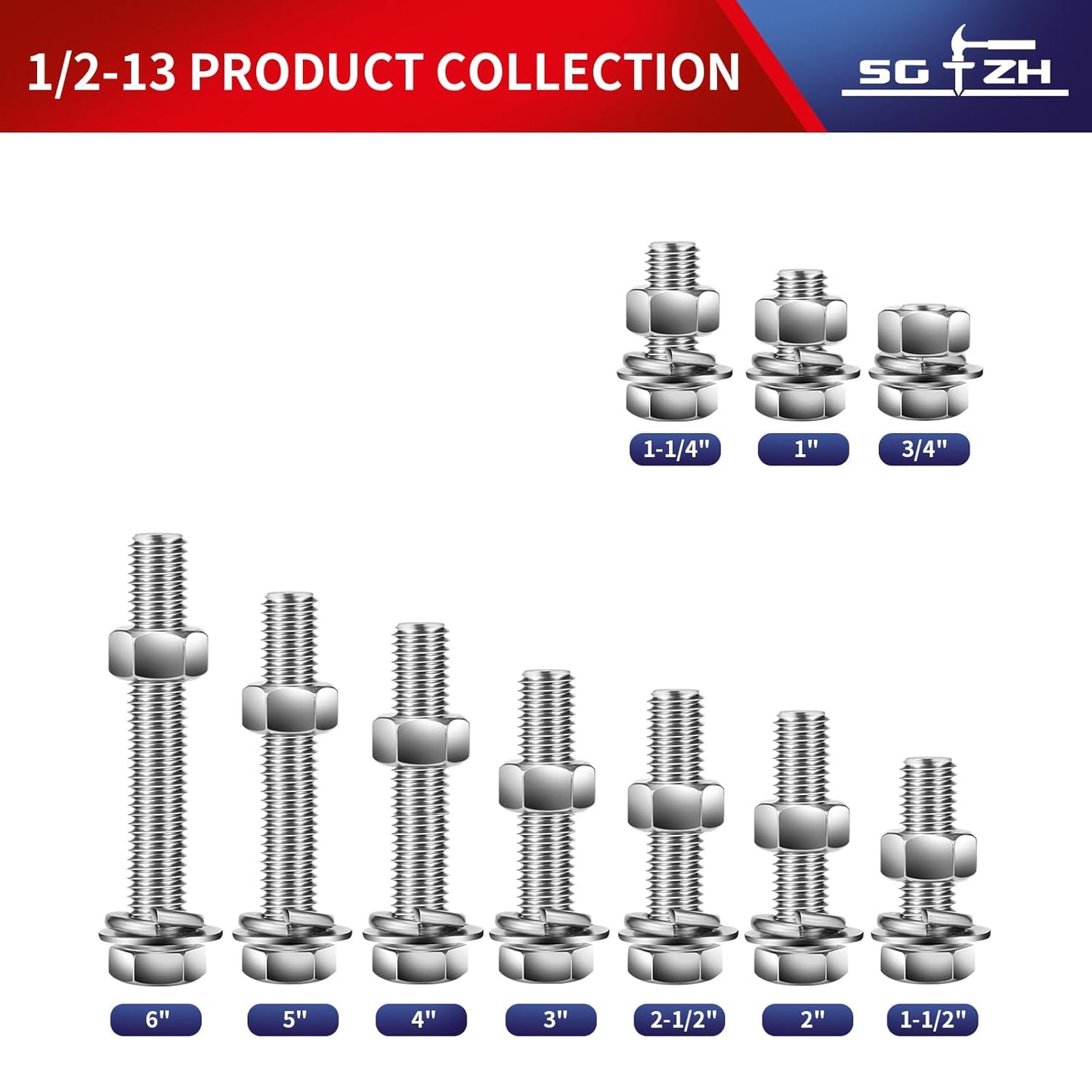 1/2-13 x 1" Hex Head Screw Bolt, Nuts, Flat & Lock Washers, 10Pcs 18-8 (304) Stainless Steel, Fully Threaded, by SG TZH