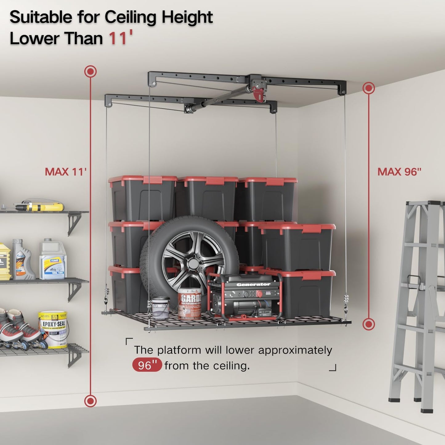 Overhead Garage Storage Lift, Adjustable Heavy-duty 4x4 Ft Ceiling Racks with Safety Lock, Ideal for Storage Lifting Organization System, 250lbs Capacity (Standard Edition)