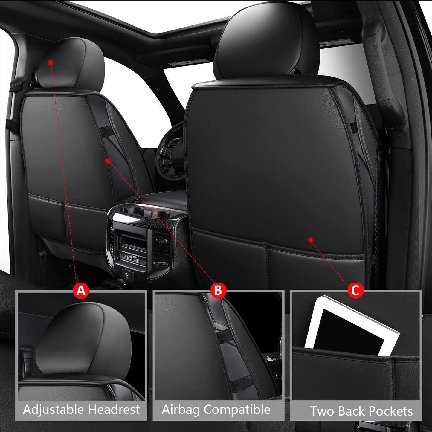 MIROZO Dodge Ram Seat Covers Full Set,5PCS Car Seat Cover Waterproof Fit 2009-2025 Ram 1500 2500 3500 Crew Quad Regular Cab Pickup Cushions with Split Bench 40/60 (Black and Red,Full Set Flat Back)