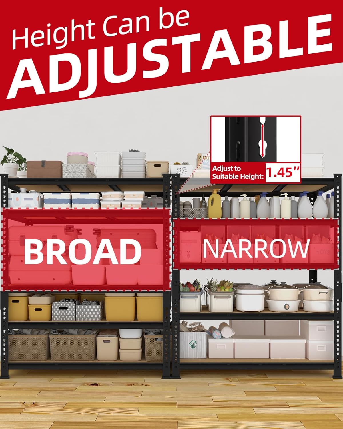 PrimeZone Heavy Duty Garage Storage Shelves - 48" W X 24" D X 72" H Adjustable Metal Shelving Unit, 5 Tier Industrial Shelves for Storage Standing Utility Rack for Warehouse, Pantry, Basement, Black