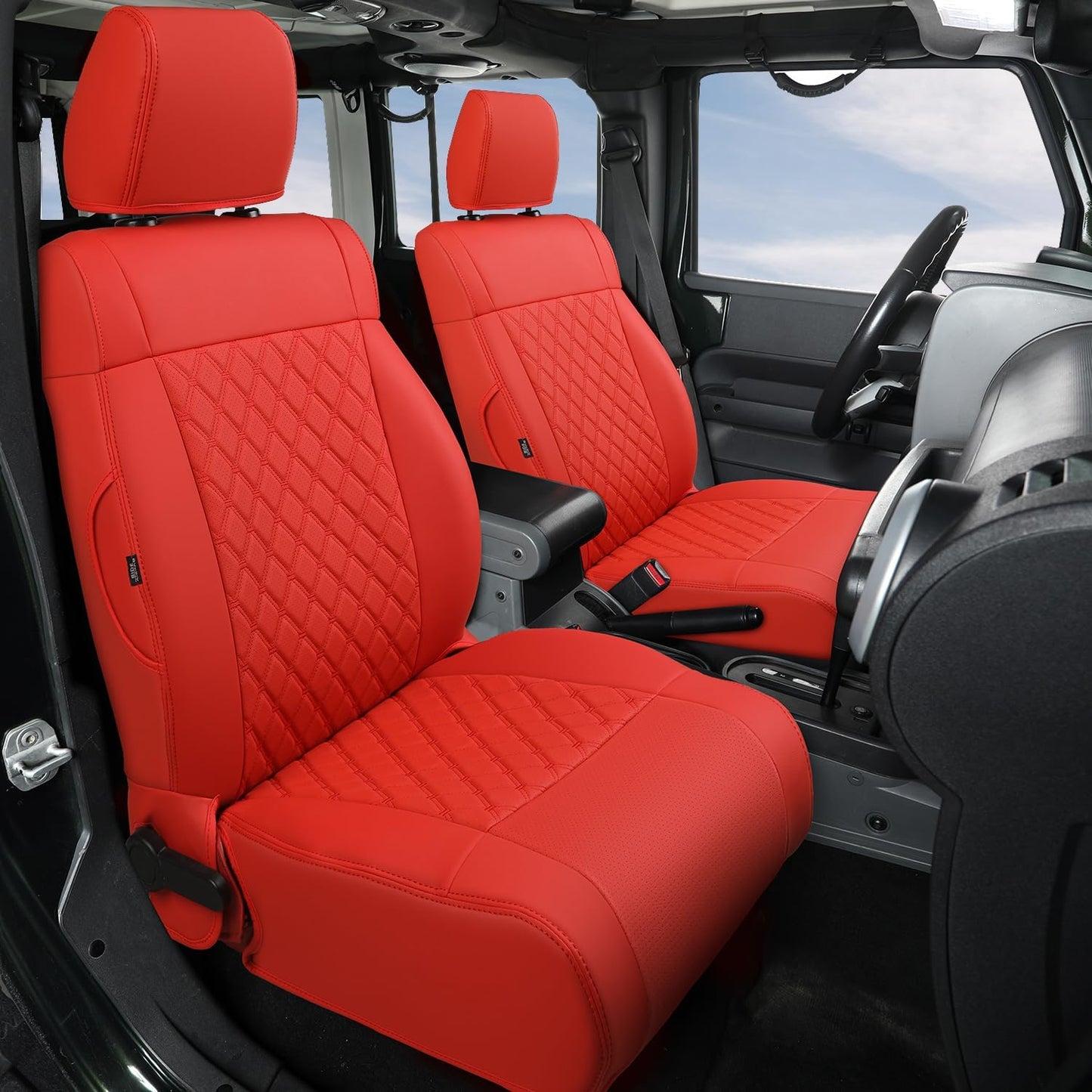 GIANT PANDA Customized Full Set Car Seat Covers for Jeep Wrangler 4 Door JK Unlimited Sahara Sport Rubicon X 2008 2009 2010, Faux Leather - (Red)