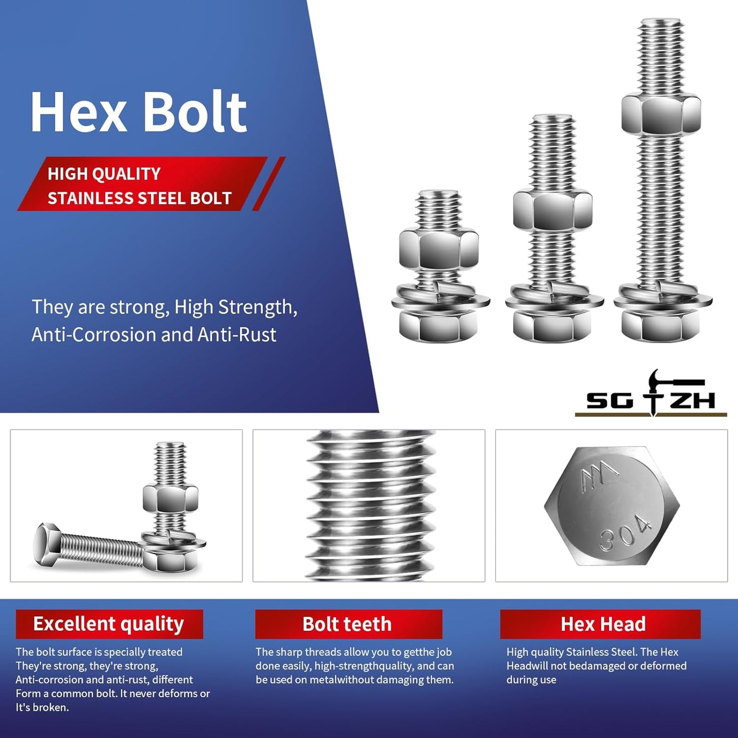 5/16-18 x 3/4" Hex Head Screw Bolt, Nuts, Flat & Lock Washers, 20Pcs 18-8 (304) Stainless Steel, Fully Threaded, by SG TZH