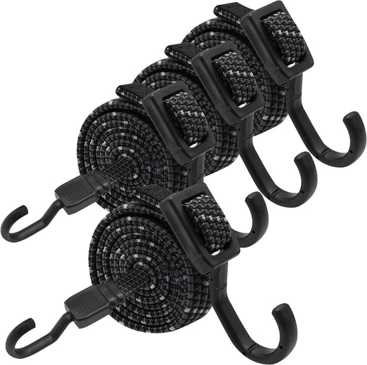 Bungee Cords with Hooks Heavy Duty, Flat Adjustable Bungee Cords with Hooks 40 Inch, Reflective Rubber Black Bungee Straps with Buckle Hooks for Outdoor, Camping, Tarps, Bike Racks, Tents, Black