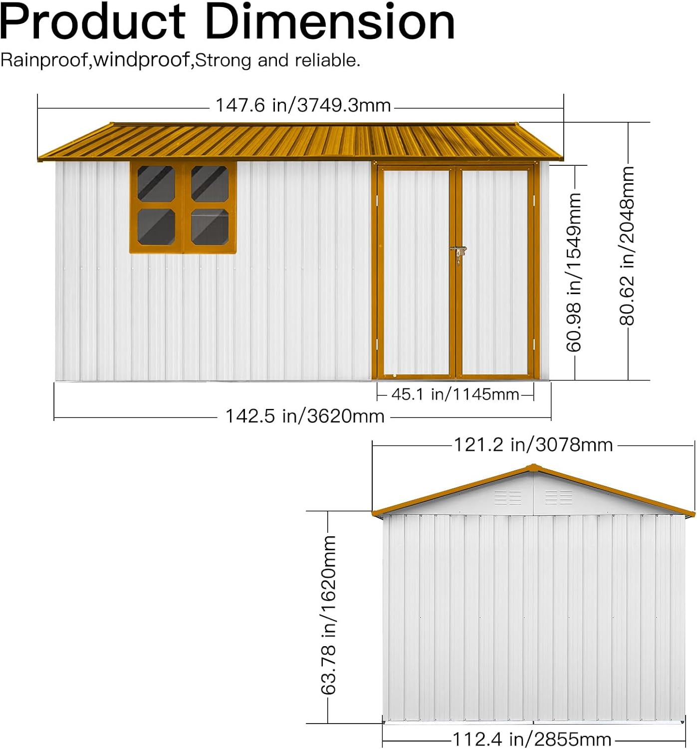 10x12 FT Outdoor Storage Shed, Large Metal Garden Shed with 4-pane Window, Outside Tool Shed with Lockable Hinged Door & 4 Air Vent, Waterproof Storage Building for Backyard, Patio, Lawn, White+Yellow
