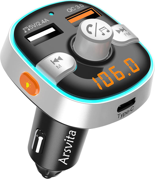 Arsvita Bluetooth FM Transmitter for Car, Radio Receiver/Audio Adapter with Type-C PD Charger, Support QC3.0 Quick Charging, Hands-Free Calling and Hi-Fi Sound Playback, Silver