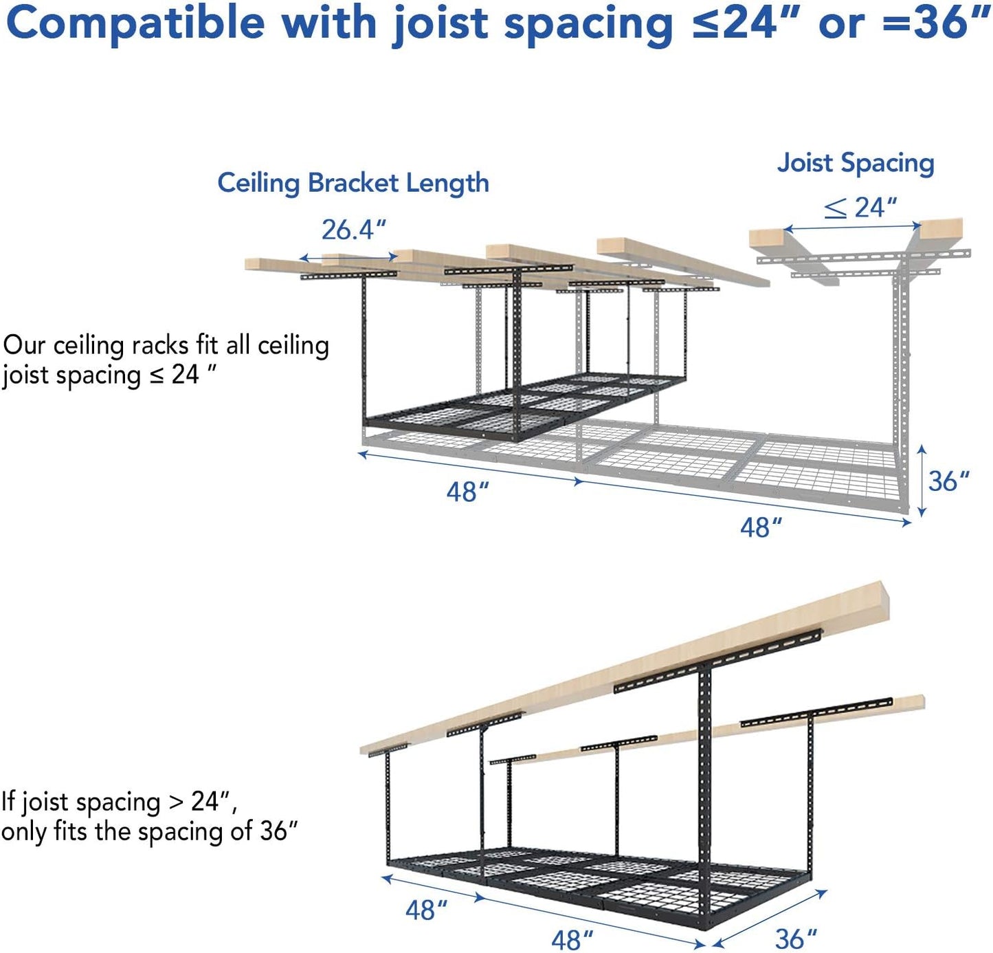FLEXIMOUNTS 3x8 Overhead Garage Storage Rack,Adjustable Storage Organization System,Heavy Duty Metal Garage Ceiling Storage Racks,2 pack,Black