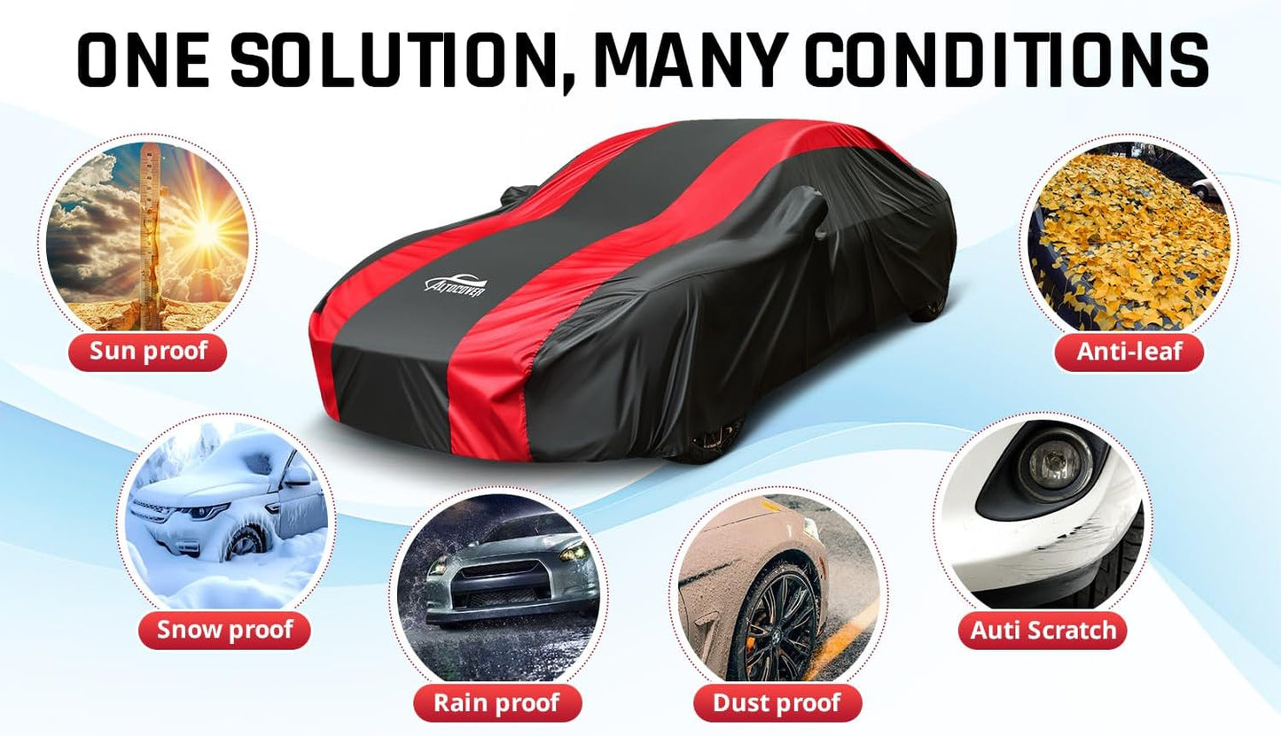 Extra Large Car Covers Waterproof for All Weather Protection with Red Stripe Design, Car Cover for Automobiles Universal Fit Cadillac Deville, Lincoln Continental Town, Ford Crown Victoria