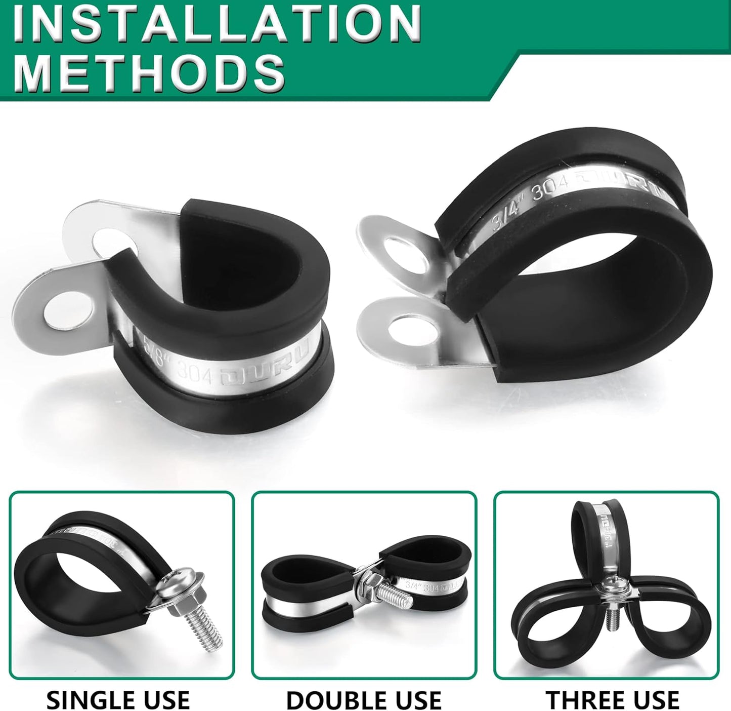 30PCS Cable Clamps Assortment Kit,7 Sizes—1/8" 3/16" 1/4" 5/16" 3/8" 1/2" 3/4" Stainless Steel Rubber Coated Cushioned Insulated Cable Clamp,Automotive Wire Pipe Clamps