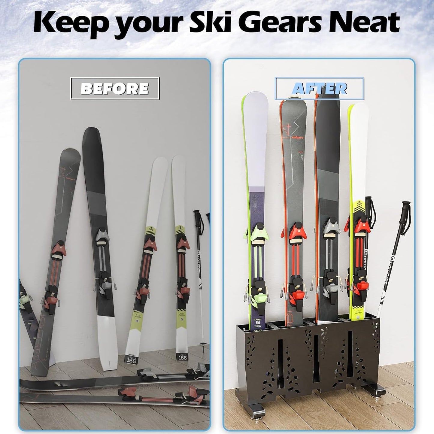 Heavy Duty Metal Ski Storage Rack, 8 Pair Freestanding Steel Ski Holder, Floor Stand Ski Organizer Rack