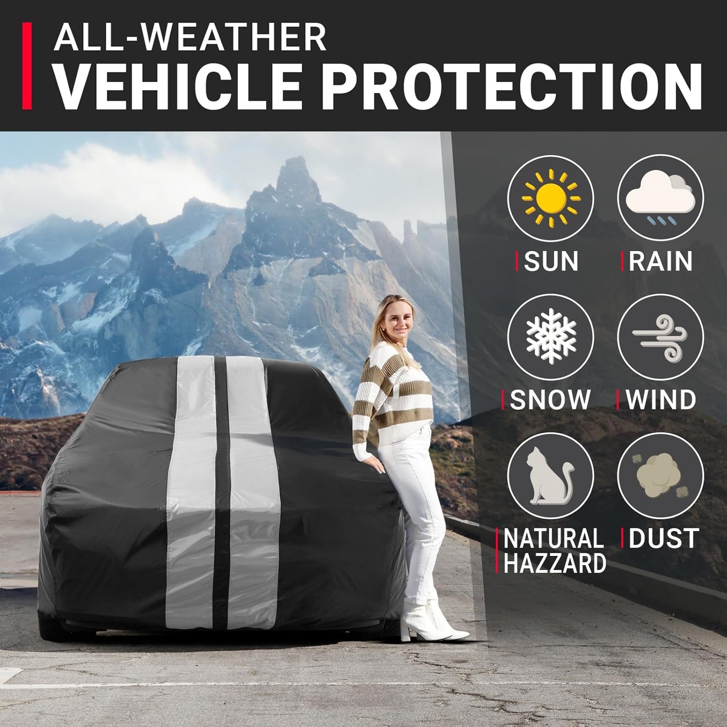 iCarCover Custom Car Cover for Pontiac Lemans 2-Door, 4-Door (1970-1972) Waterproof All-Weather Rain Snow UV Sun Protector Full Exterior Indoor Outdoor Car Cover (Stripe - Black/Gray)