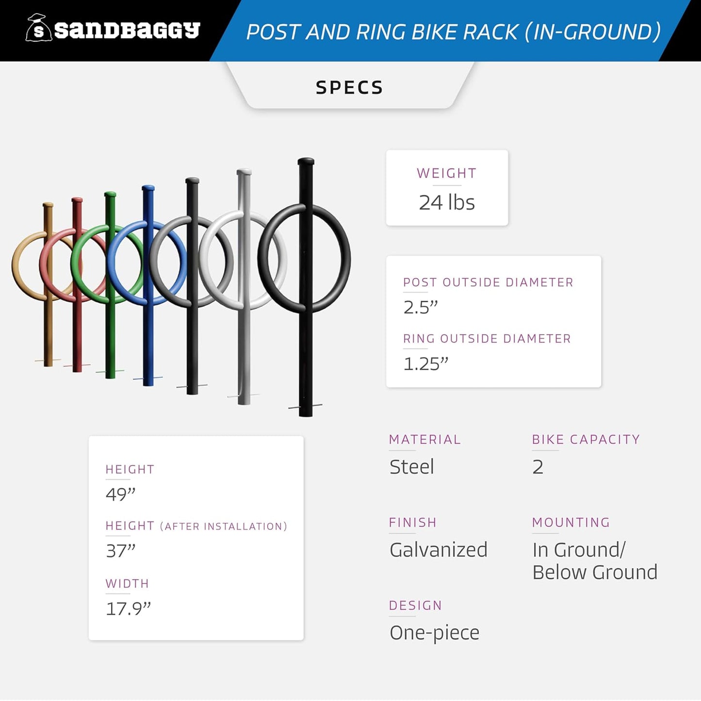 Sandbaggy Post and Ring Rack - In Ground - Commercial Outdoor Bike Parking & Storage Racks (Orange, 1)