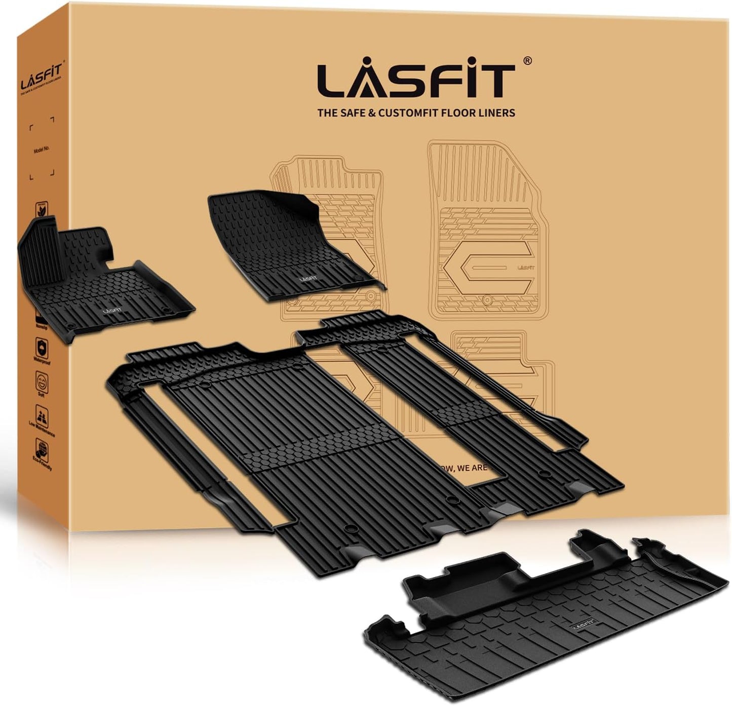 LASFIT Floor Mats&Trunk Mat for Toyota Sienna 8 Seats 2021-2025 All Weather TPE Custom Fit Floor Liner for Sienna LE/XLE (w/o Spare tire) Front and Rear Car Mats&Cargo Liner, Black