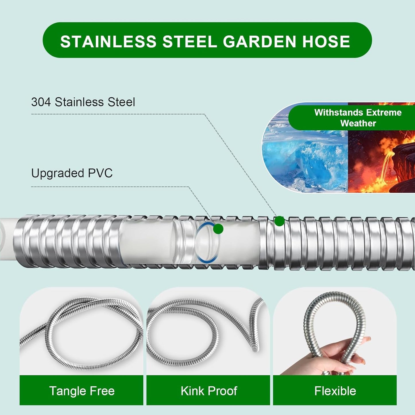 Metal Short Garden Hose 6 ft, 8 ft, 12 ft Flexible Stainless Steel Leader Hose Extension, Heavy Duty Water Hose Small Lightweight Hose Extender (6FT)