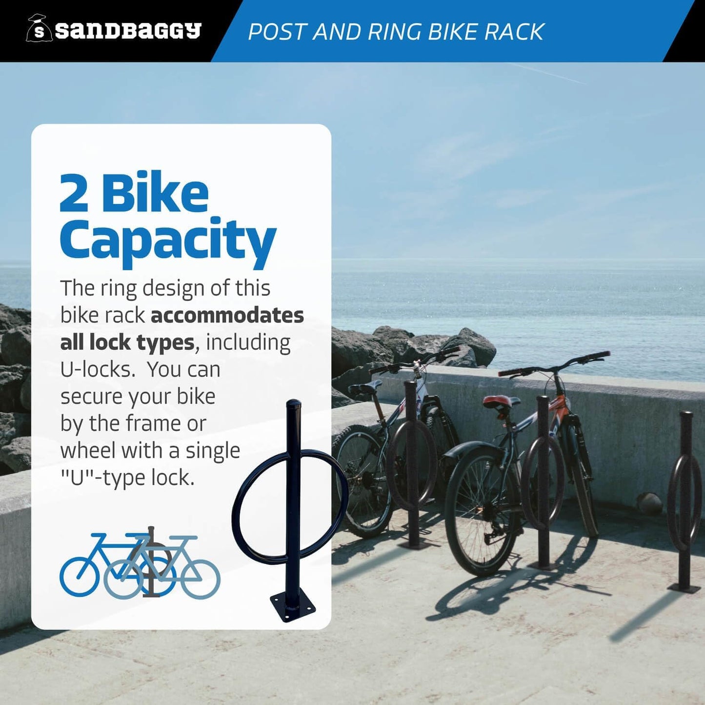 Sandbaggy Post and Ring Bike Rack - Commercial Bike Racks - Galvanized Steel - Anti-Theft Design - In Ground, Apartments, Sidewalks, Industrial (Gray, 20)