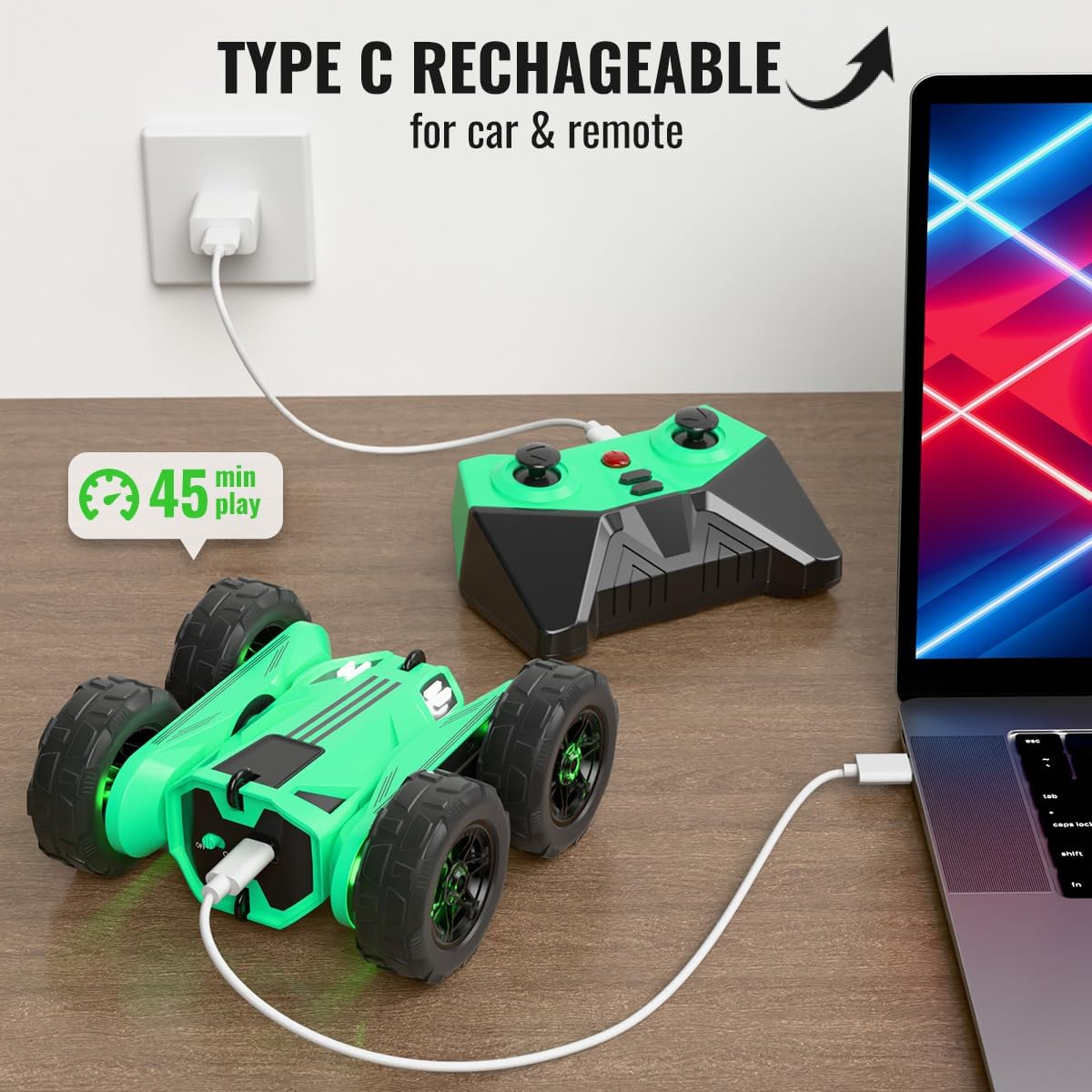 MaxTronic Remote Control Car, Rechargeable RC Cars & Remote - 20km/h Double Sided 360° Rotation Stunt Stunt Crawler with LED Lights for Boys Girls Aged 3-12