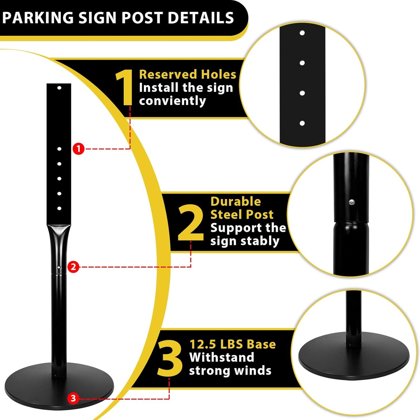Parking Sign Post with Base - 20 Lbs Heavy Duty Parking Sign Stand for Hanging Traffic Construction Street Warning Notice, Movable Black Cast Iron Base Stand for Outdoor Use, 1 Pack