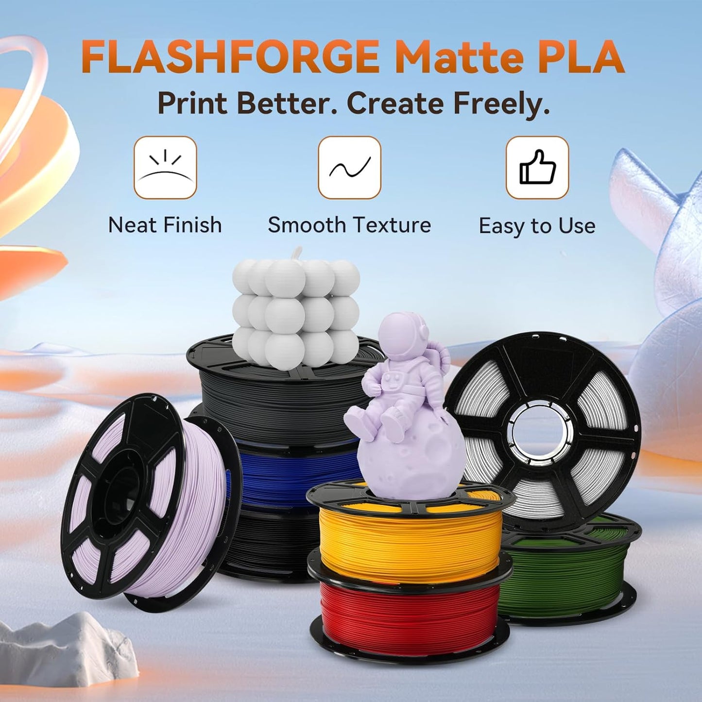 FLASHFORGE PLA Filament 1.75mm +/- 0.02mm, Matte White 3D Printer Filament 1kg (2.2lbs) Spool, Excellent Printing Performance, Easy to Use for Most FDM 3D Printers