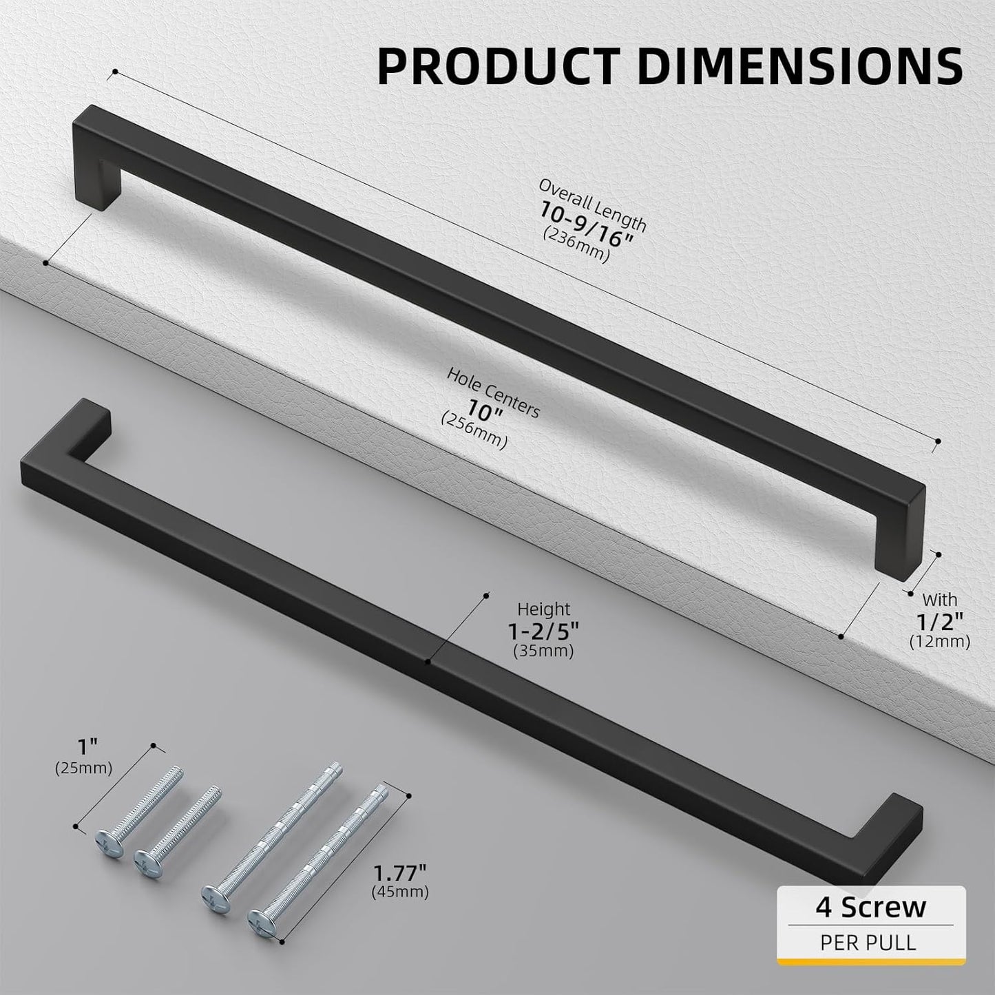 goldenwarm 100 Pack 10 Inch Black Cabinet Handles Matte Black Drawer Pulls Stainless Steel Cabinet Hardware Square Bar Modern Cabinet Handle for Kitchen Bathroom Cupboard