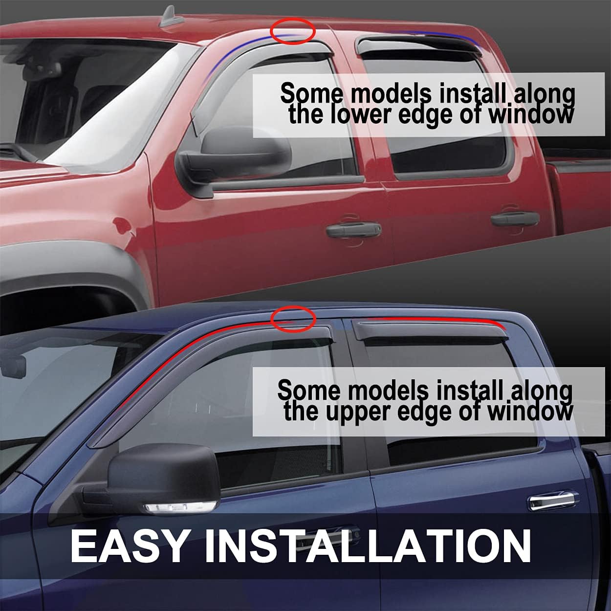 92503 Side Window Visor,2pcs Out-Channel Tape On Dark Smoke Rain Guards Wind Deflectors,Good Looking Window Visor fit for 99-16 Ford F250/F350/F450/F550 Super Duty with Standard Mirror