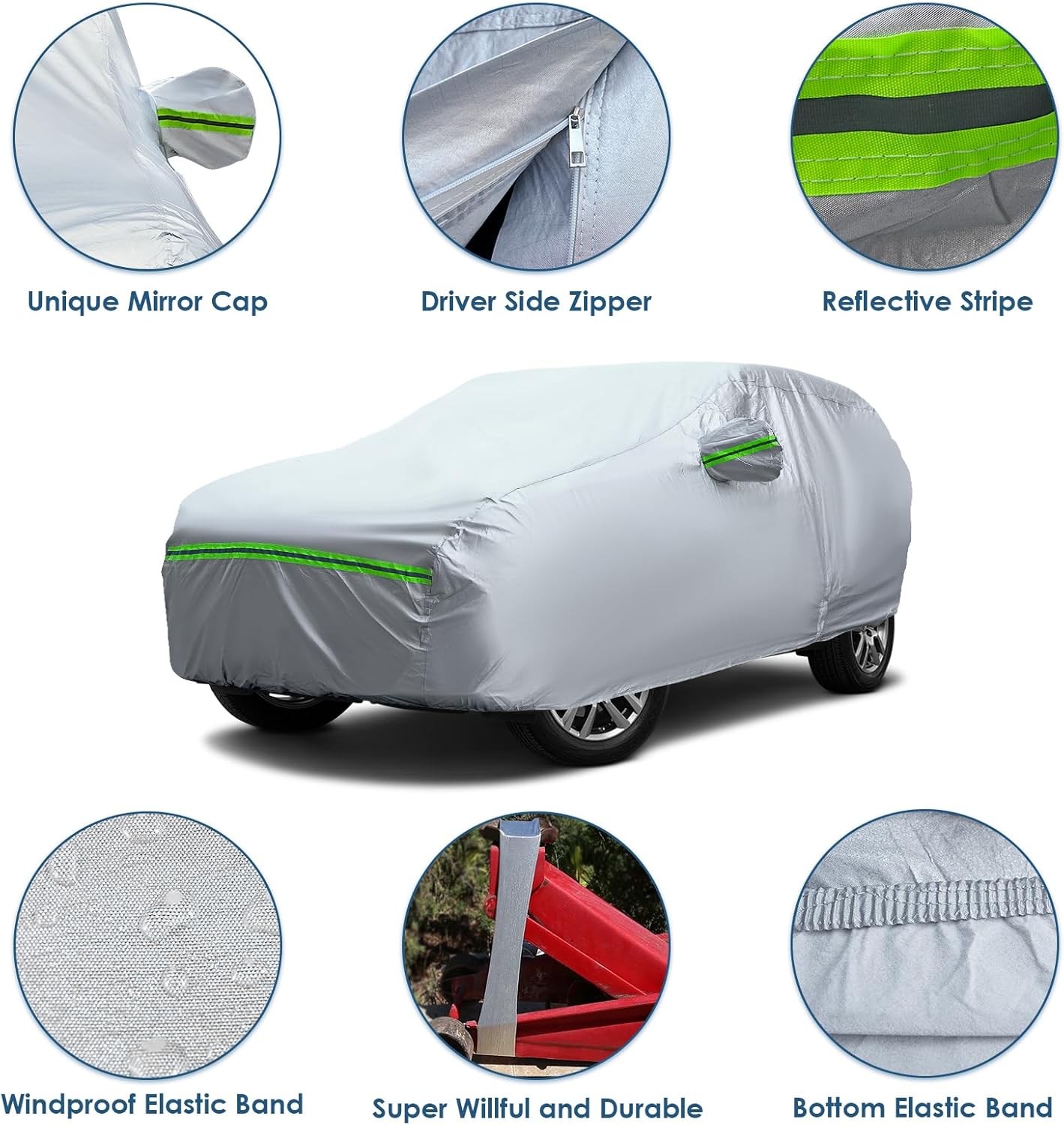 AUQDD 6-Layers Premium SUV Car Cover Waterproof All Weather Weatherproof UV Sun Protection Snow Dust Storm Resistant Outdoor Exterior Custom Form-Fit Full Padded Car Cover with Straps 205"-216" K10