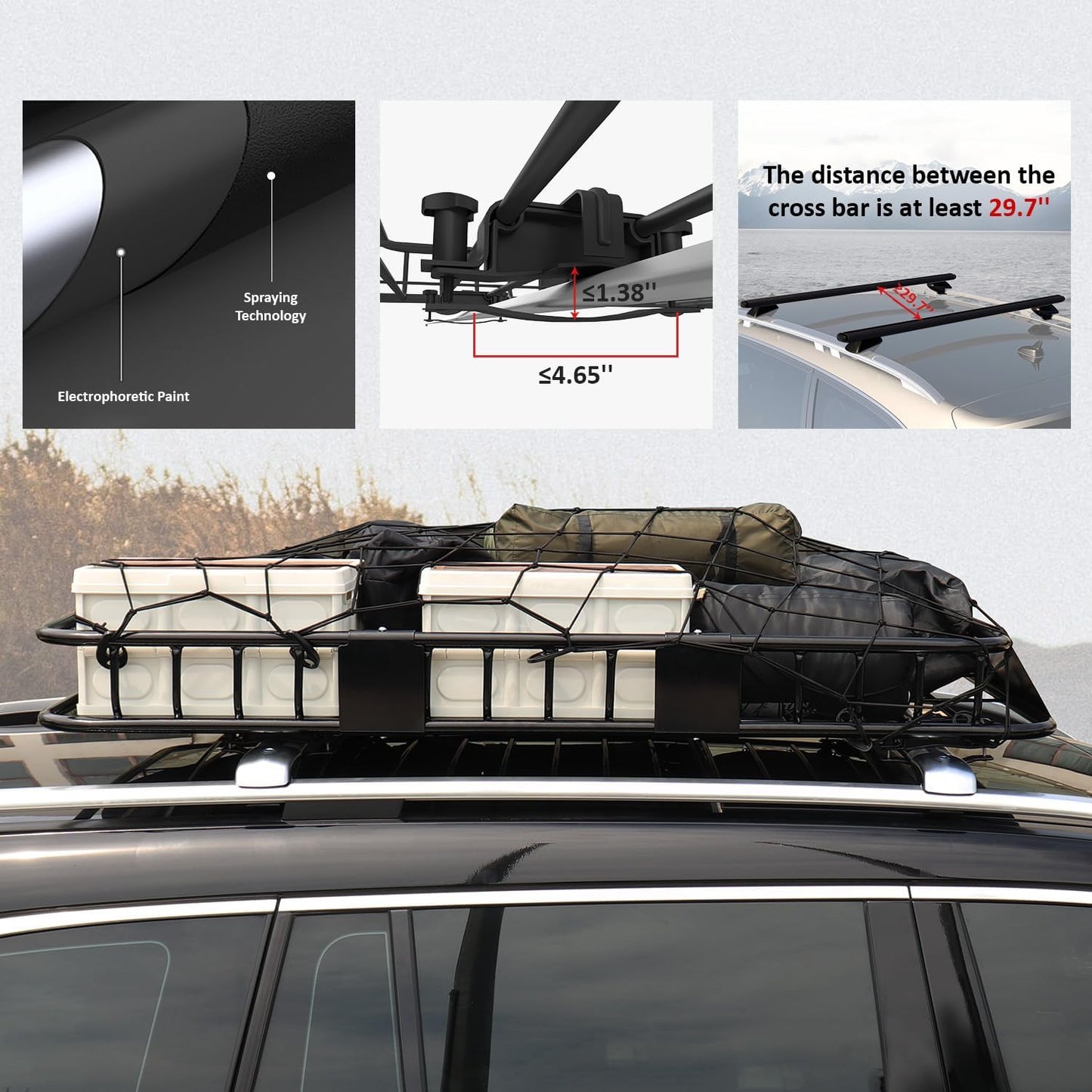 FORWODE Roof Rack Carrier Basket, 64" x 39" Rooftop Cargo Carrier Basket with 250 Lbs Capacity, Rust-Proof Steel Heavy Duty Car Top Luggage Basket