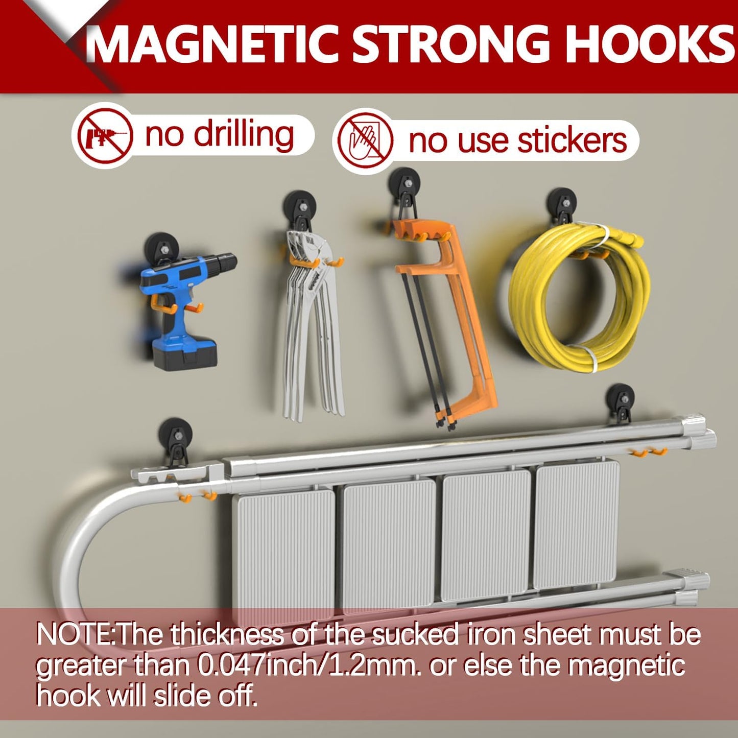 3-H Heavy Duty Magnet Garage Hooks 2 Pack, Extra Large Strong Magnetic Hooks for Hanging Cordless Power Drill, Utility Magnetic Tool Holder for Metal Cabinet, Steel Pegboard, Toolbox, Garage(Orange)