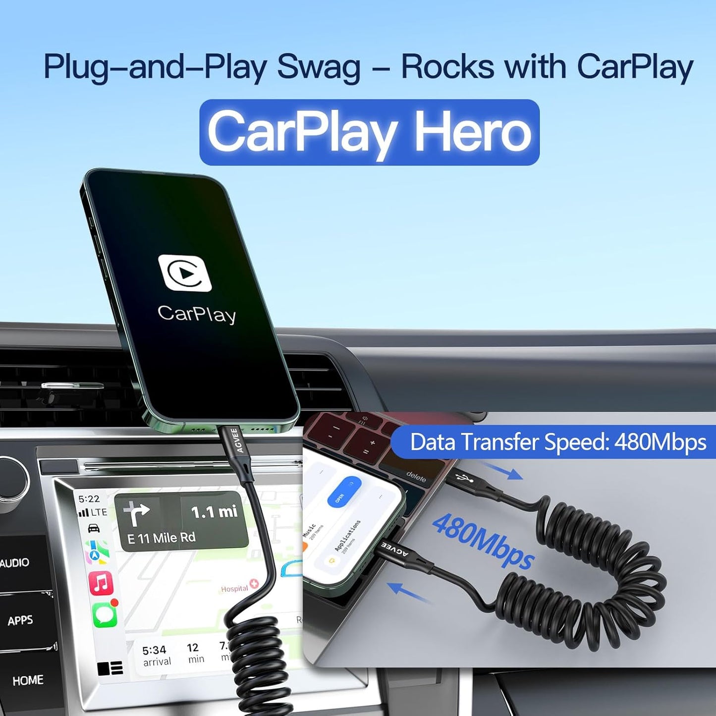 AGVEE 3ft Coiled Short USB-C to USB-C Charging Cable [USB-IF Certified] 60W PD Fast Charger Cord in Car for iPhone 16/15 CarPlay, Galaxy S25 S24 S23 S22 S21 S10 S9 S8, Google Pixel, Black