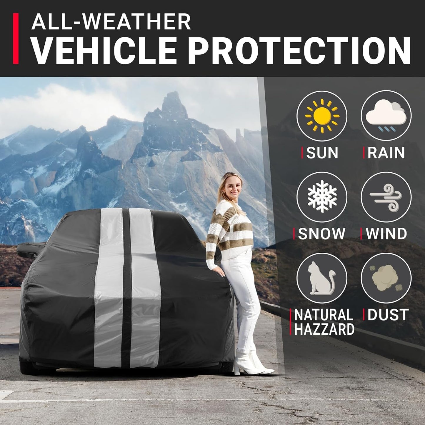 iCarCover Custom Car Cover for Pontiac Sunbird 2-Door (1988-1994) Waterproof All-Weather Rain Snow UV Sun Protector Full Exterior Indoor Outdoor Car Cover (Stripe - Black/Gray)