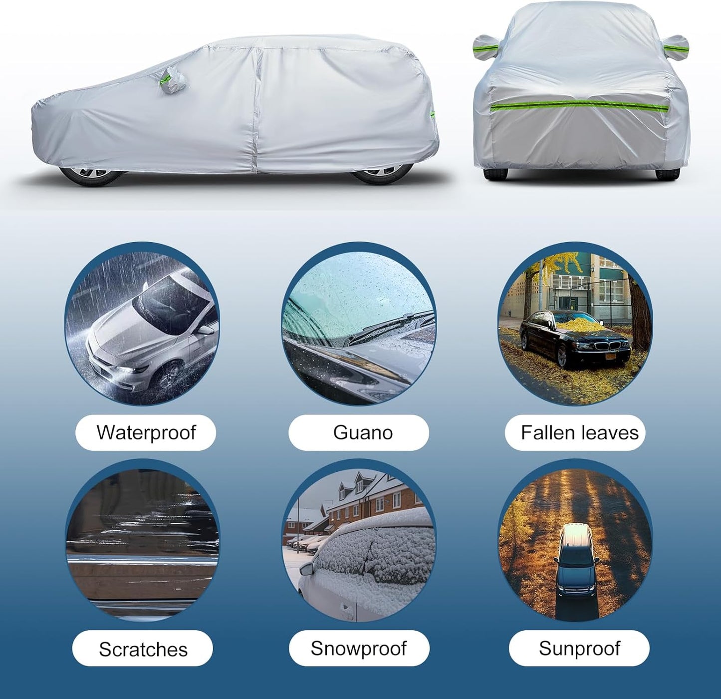 AUQDD 6-Layers Premium SUV Car Cover Waterproof All Weather Weatherproof UV Sun Protection Snow Dust Storm Resistant Outdoor Exterior Custom Form-Fit Full Padded Car Cover with Straps 165"-179" K6