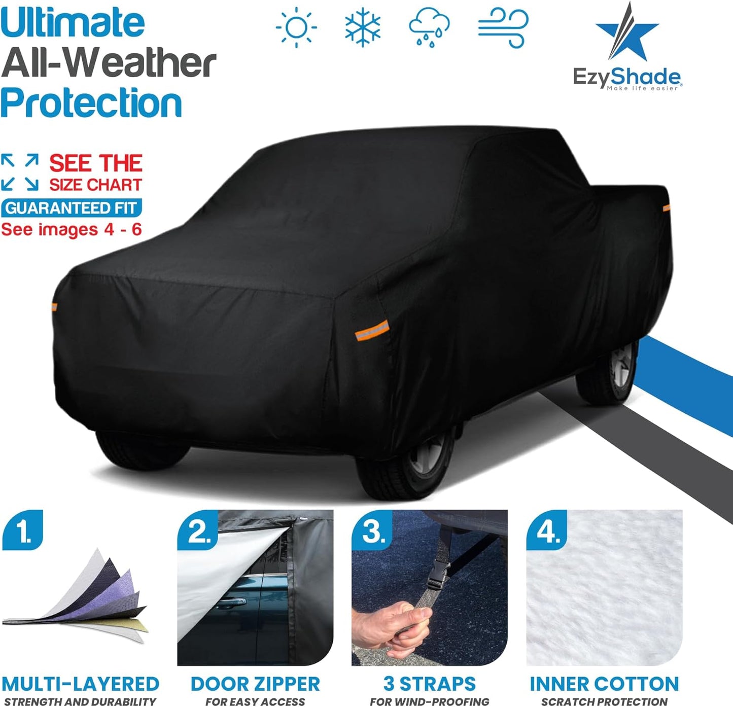 EzyShade 10-Layer Truck Cover Waterproof All Weather. See Vehicle Size-Chart for Accurate Fit. Outdoor Pickup Truck Covers Chevy Silverado F250 F350 RAM Sun Snow Rain. Black, Size T6 (See SizeChart)