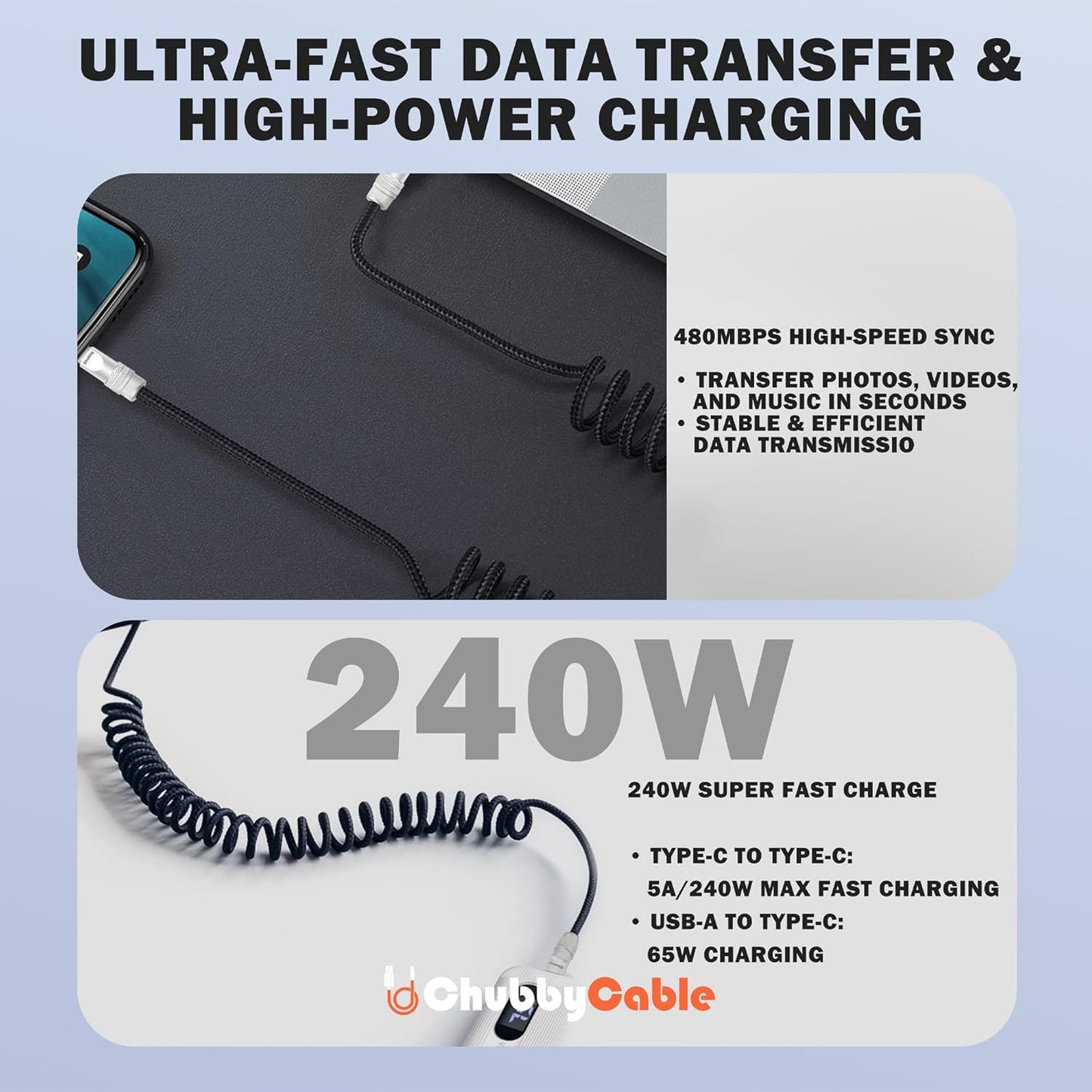 chubbycable Curly Chubby - Retractable Fast Charging Cable 240W Coiled Charger Cord for Car Durable USB-C Cable for Phones, Tablets and More, Purple, Type-C to Type-C, 1.3FT-2.3FT