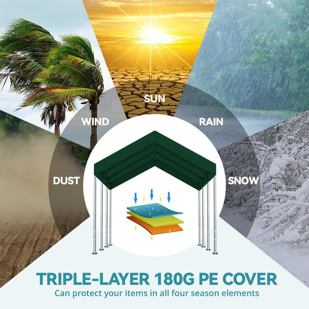 10'x20' Upgraded Carport Replacement Top Canopy Cover for Car Garage Shelter Tent Party Tent with Ball Bungees Green (Only Top Cover, Frame is not Included)