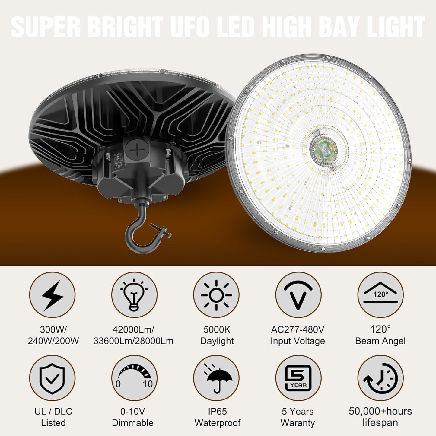 9 Pack 480V LED High Bay Light UL DLC Listed UFO Light 300W 240W 200W Adjustable, Dimmable High Bay LED Shop Lights 5000K Daylight, IP65 Commercial Bay Lighting for Warehouse Factory