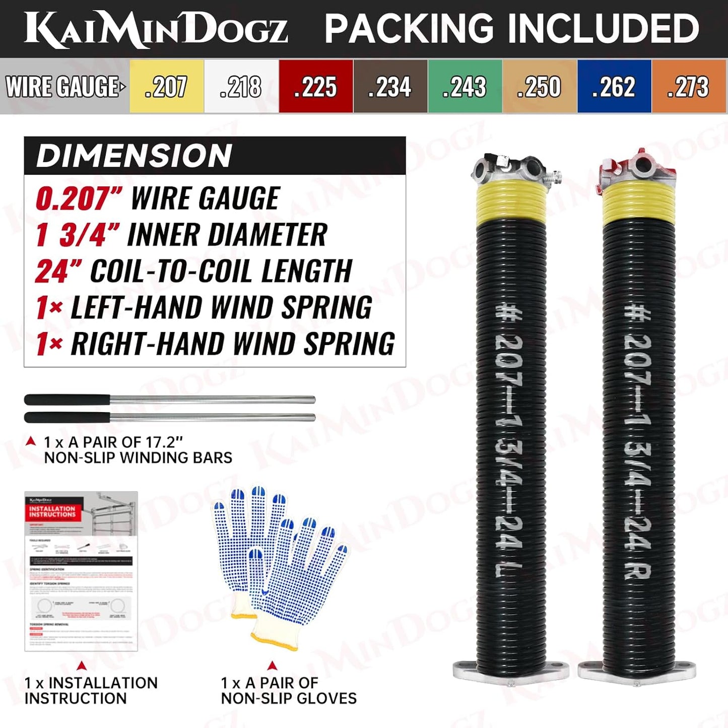 Pair of 1.75" Garage Door Torsion Springs Set with Non-Slip Winding Bars&Gloves, High Precision Electrophoresis Oil-Free Black Coated for Replacement, MIN 16,000 Cycles (0.207 x 1.75"x 24")