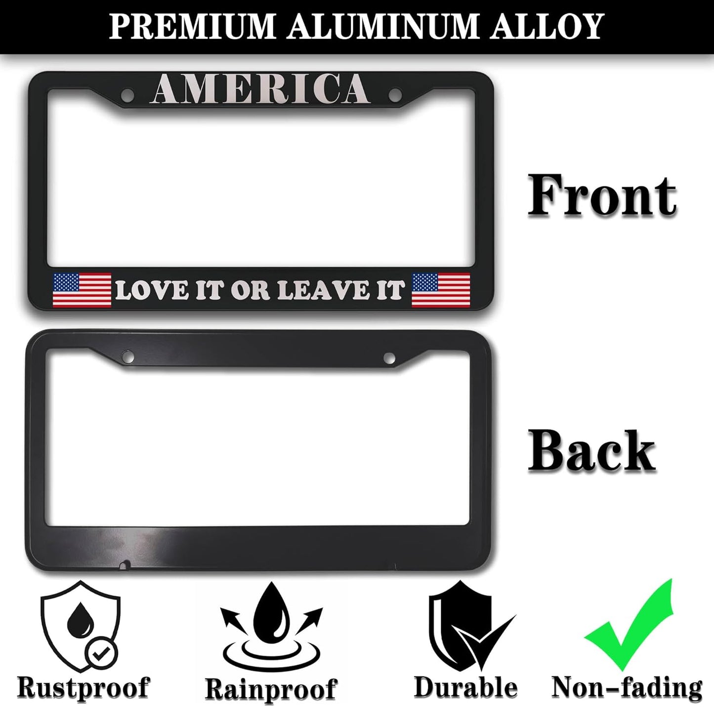 License Plate Frames Black and White License Plate Frame America Love It or Leave It USA Flag Aluminum Metal Car Accessory 2 Pack with Screw Covers Set