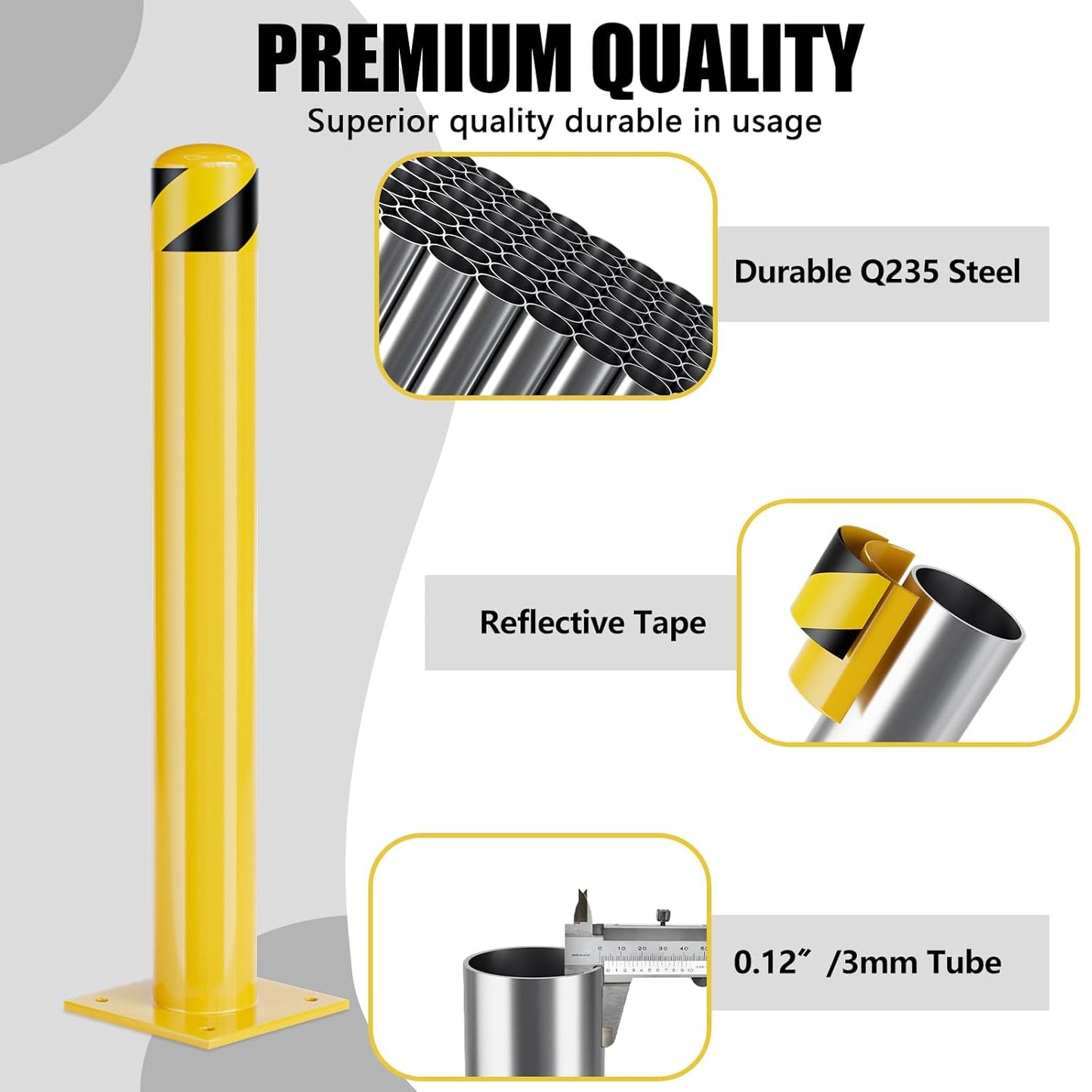 Safety Bollard Post, 42 Inch Height Steel Bollards, 4.5 Inch Diameter Parking Bollard, Yellow Powder Coated Safety Parking Barrier Post, for Traffic Sensitive Areas,3P