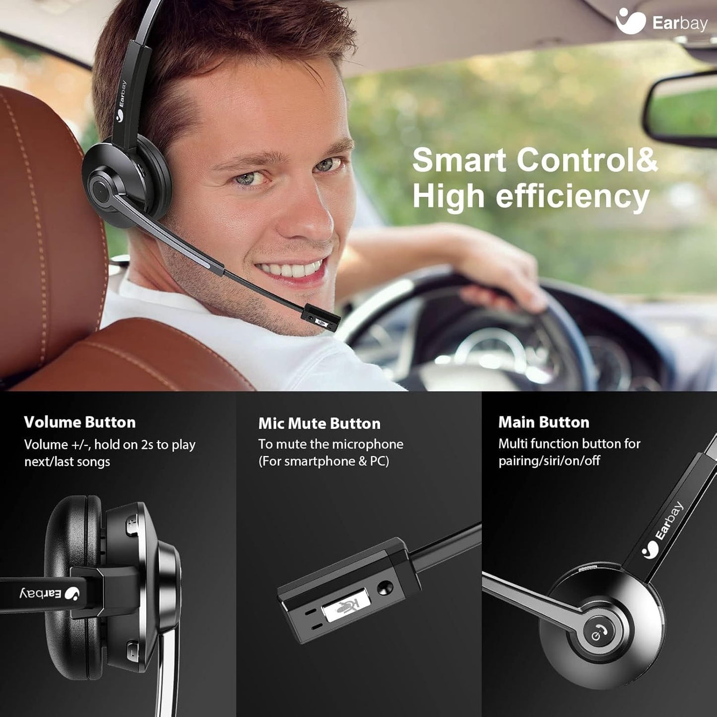 Earbay Trucker Bluetooth Headset, Wireless Headphones with Mic Mute & USB Dongle, Wireless Headset with Microphone Noise Canceling & Charing Base for Work/PC Computer/Phones/Office/Meeting