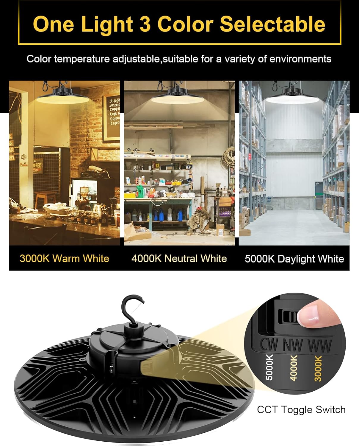 UFO LED High Bay Light, 150W/100W/80W Adjustable, 3000K/4000K/5000K Adjustable, UL & DLC Listed 21000LM 0-10V Dimmable IP65 Waterproof High Bay Lights AC100-277V for Warehouse Factory