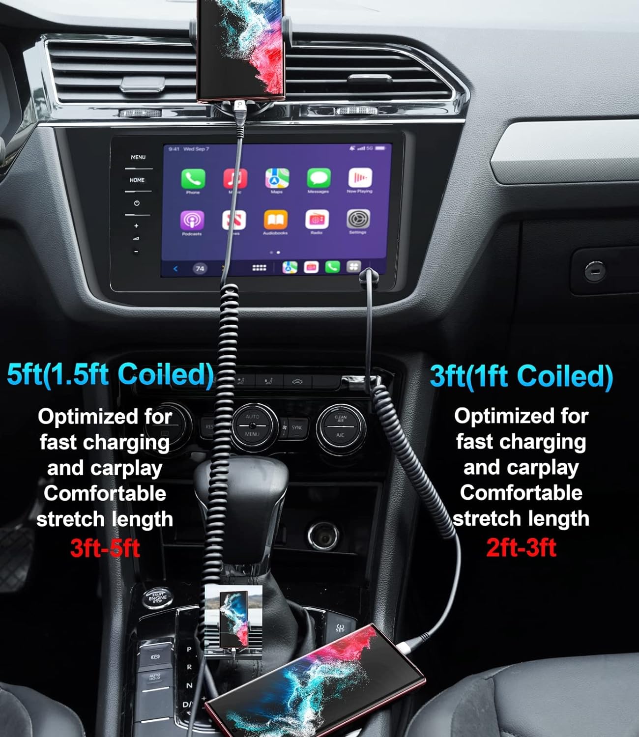 USB Type C Coiled Cable Fast Charging (3FT/5FT), 2Pack Android Auto Charging Cord for Car, Short USB A to USB C Charge Cable Compatible with iPhone 16/15/Pro Max/Samsung Galaxy S20 Note 10 and More