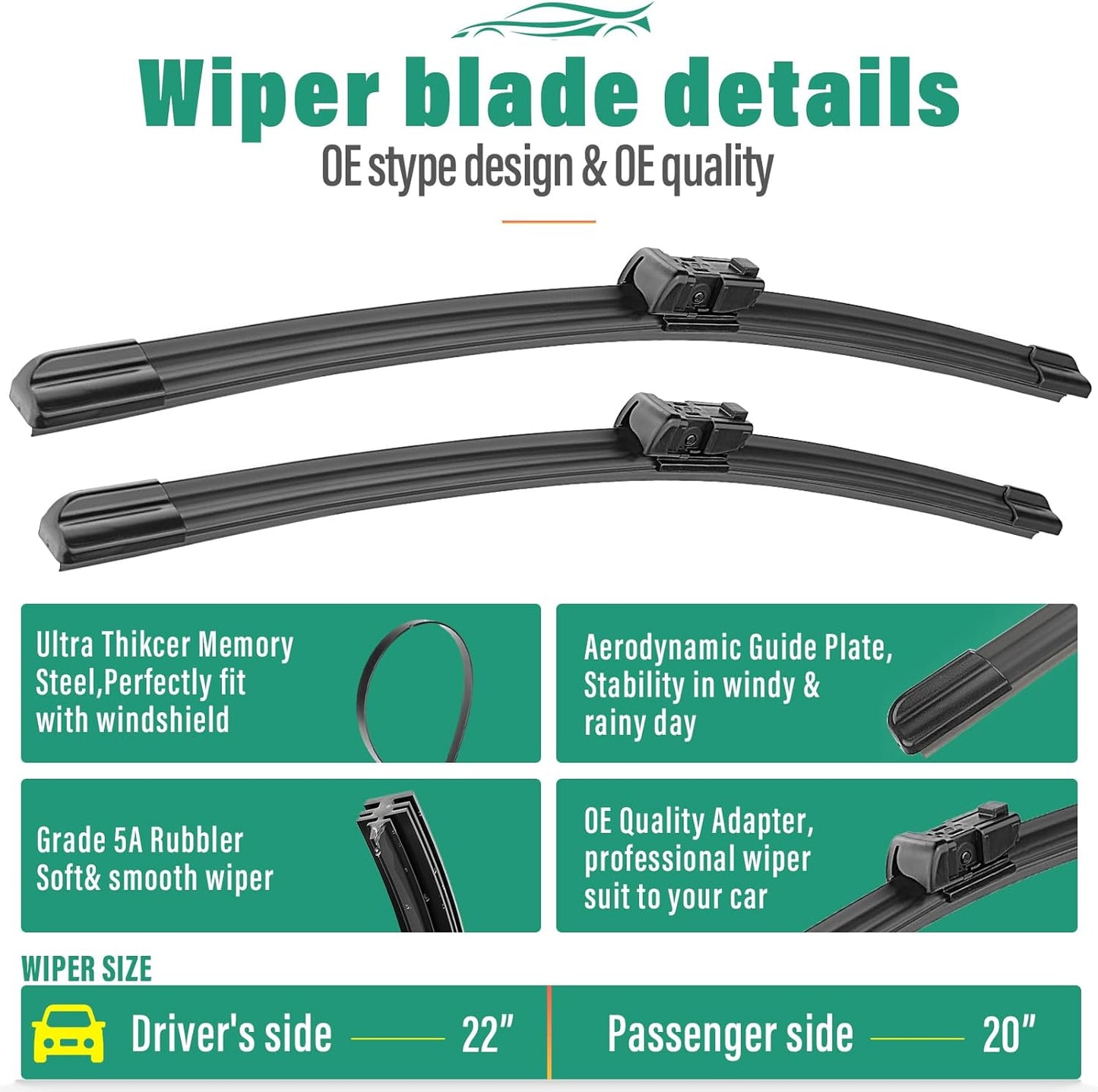 22" 20" 11" Windshield Wiper Blades Replacement for Jeep Renegade 2015 2016 2017 2018 2019 2020 2021 2022 2023 Premium All Weather Front Rear Wipers Set - OEM Quality (Pack of 3)