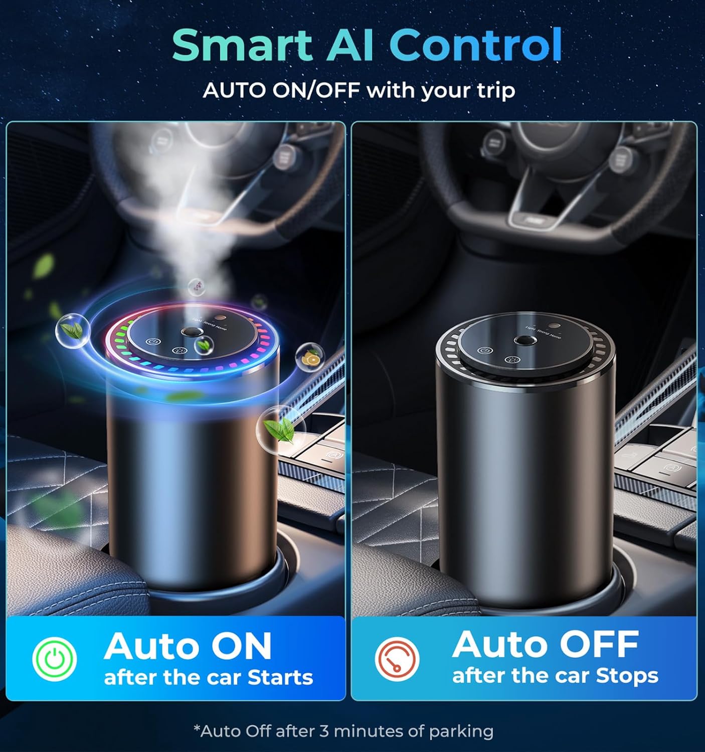 Oil Diffuser for Home and Car Smart Air Freshener, Auto On/Off by AI Chip, Built-in Battery, Works Silently, Refill Oil Aroma with 120 Days Long-Lasting Scent, Gifts for Men and Women-Lavender, Black