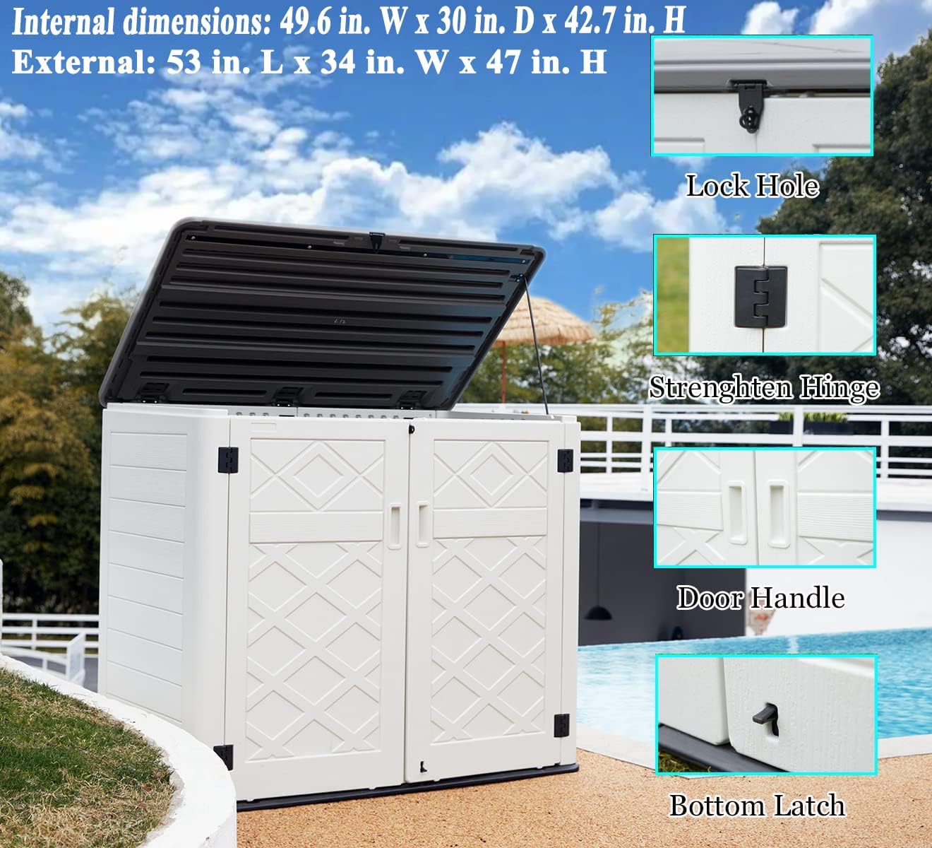 ADDOK 2SG Larger Horizontal Storage Shed Wood-Like, 4.4 x 2.8 ft Outdoor Storage Cabinet Lockable, Thick Resin Storage Unit for Trash Cans, Yard Tools（38 Cu.ft