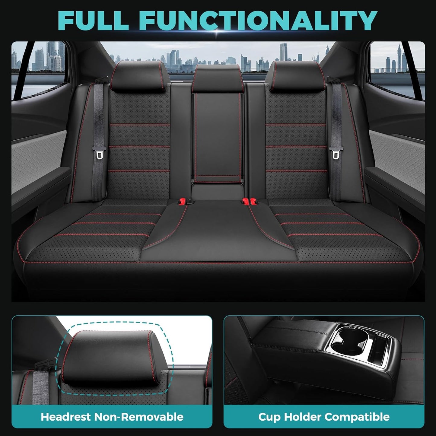Leather Seat Covers for Toyota Camry 2025 LE SE Hybrid - Custom Fit Car Seat Cover Full Set, Luxury Waterproof Interior Accessories, Breathable Automotive Cushion Protectors, Black Red Trim