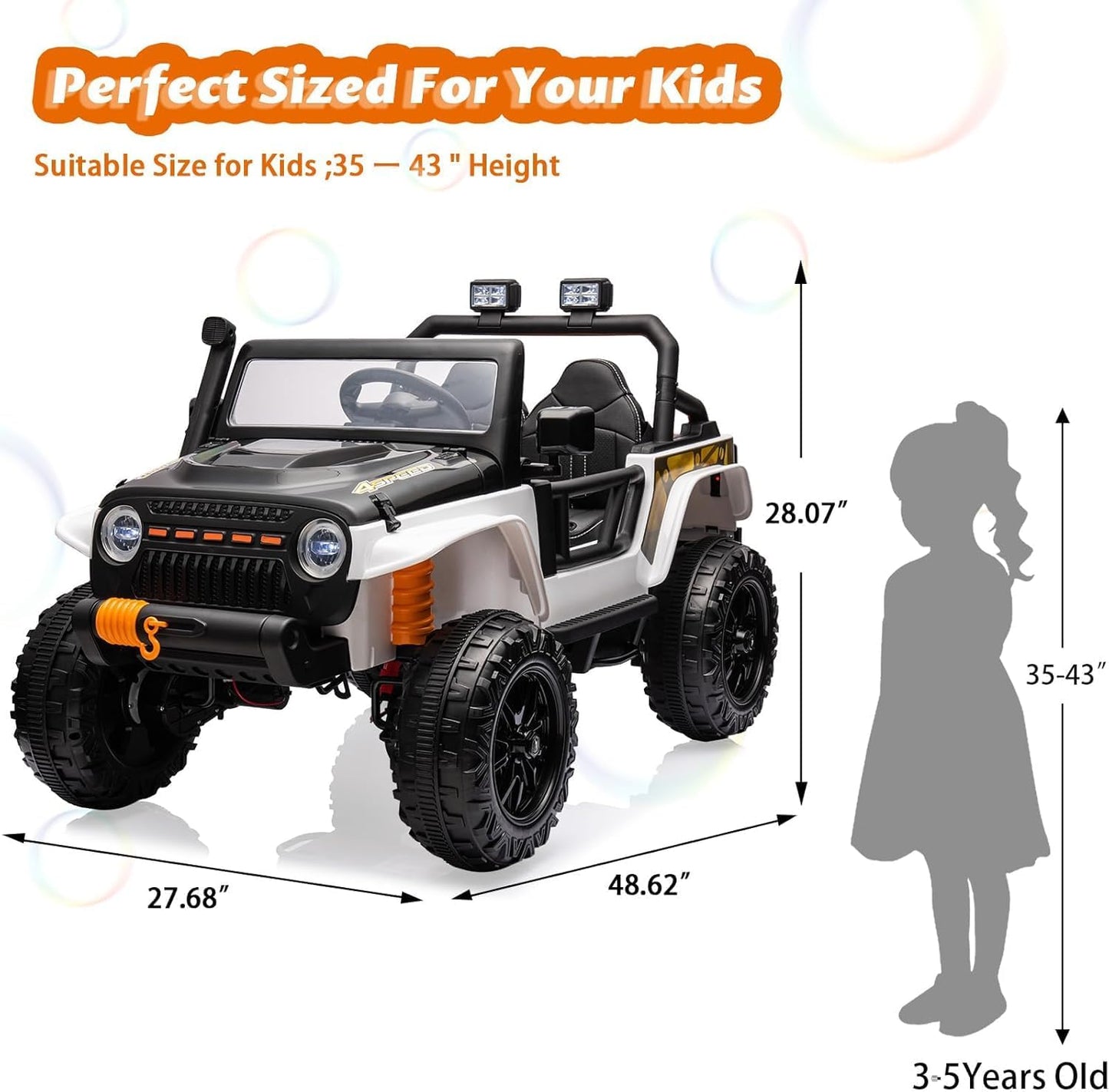 Hetoy 24V 2 Seater Ride On Car for Kids, Electric Truck with Remote Control, Ride on Truck w/ 4-Wheeler Suspension, 4x55W Powerful Engine, 4WD Battery Powered, LED Lights, Soft Braking（Black）