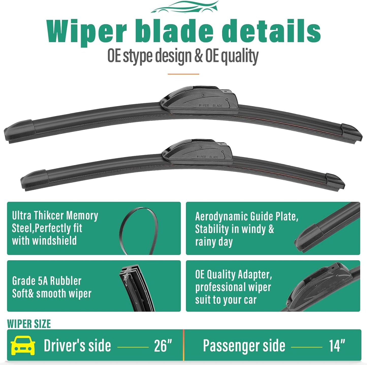 26" 14" 12" Windshield Wiper Blades Replacement for Toyota Yaris 2007 2008 2009 2010 2011 Premium All Weather Front Rear Wipers Set - OEM Quality (Pack of 3)