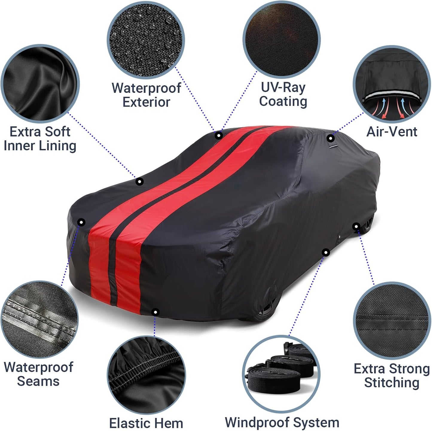 iCarCover Custom Car Cover for Chevy 150, 210 Wagon (1953-1956) Waterproof All Weather Rain Snow UV Sun Protector Full Exterior Indoor Outdoor Car Cover (Stripe - Black/Red)