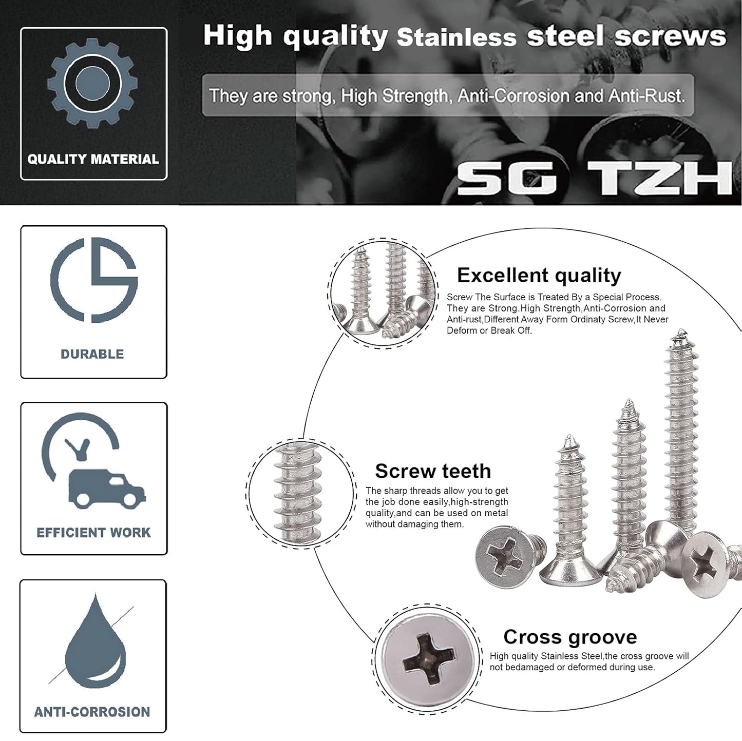 #4 x 3/8" Wood Screw 100Pcs 18-8 (304) Stainless Steel Screws Flat Head Phillips Fast Self Tapping Drywall Screws by SG TZH