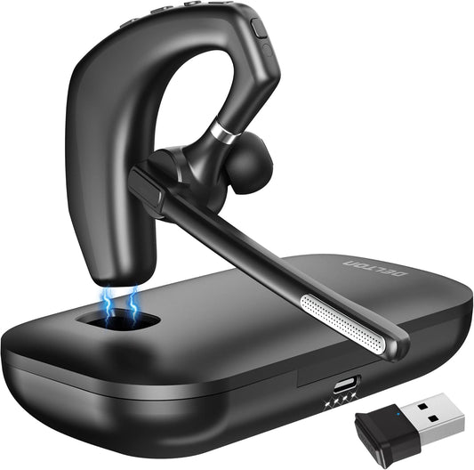 Delton Wireless Headset for Computer with Charging Case, Bluetooth Headset with Noise-Cancelling Mic, Specially Designed for MS Team, Zoom, Google Meet, Driving, and Office - Black