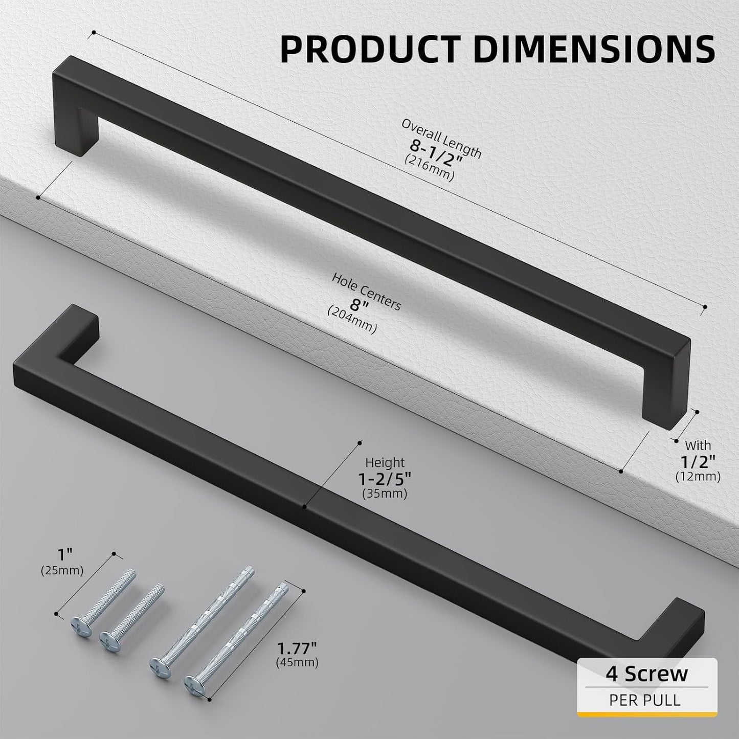 goldenwarm 45Pack 8INCH Matte Black Cabinet Pulls Kitchen Hardware, 204mm Square Bar Pulls for Cabinets Hardware, Black Drawer Pulls 8-1/2in Overall Length